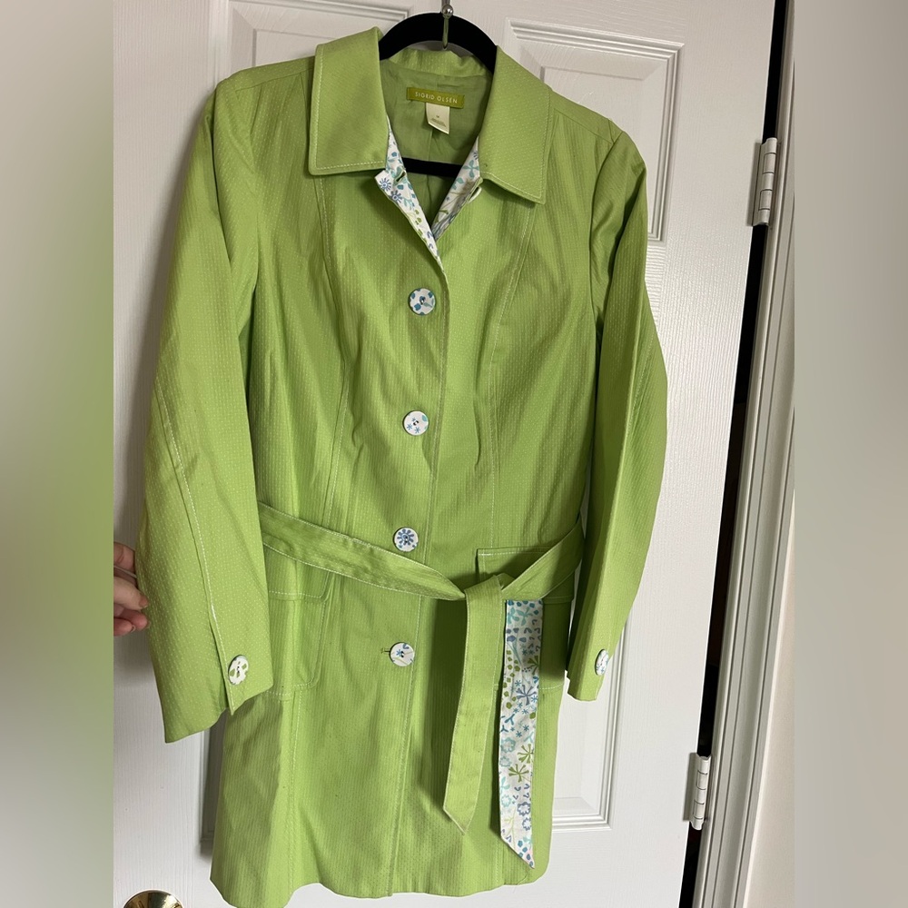 Sigrid Olsen Lime Green Trench Coat with Floral Details Size M